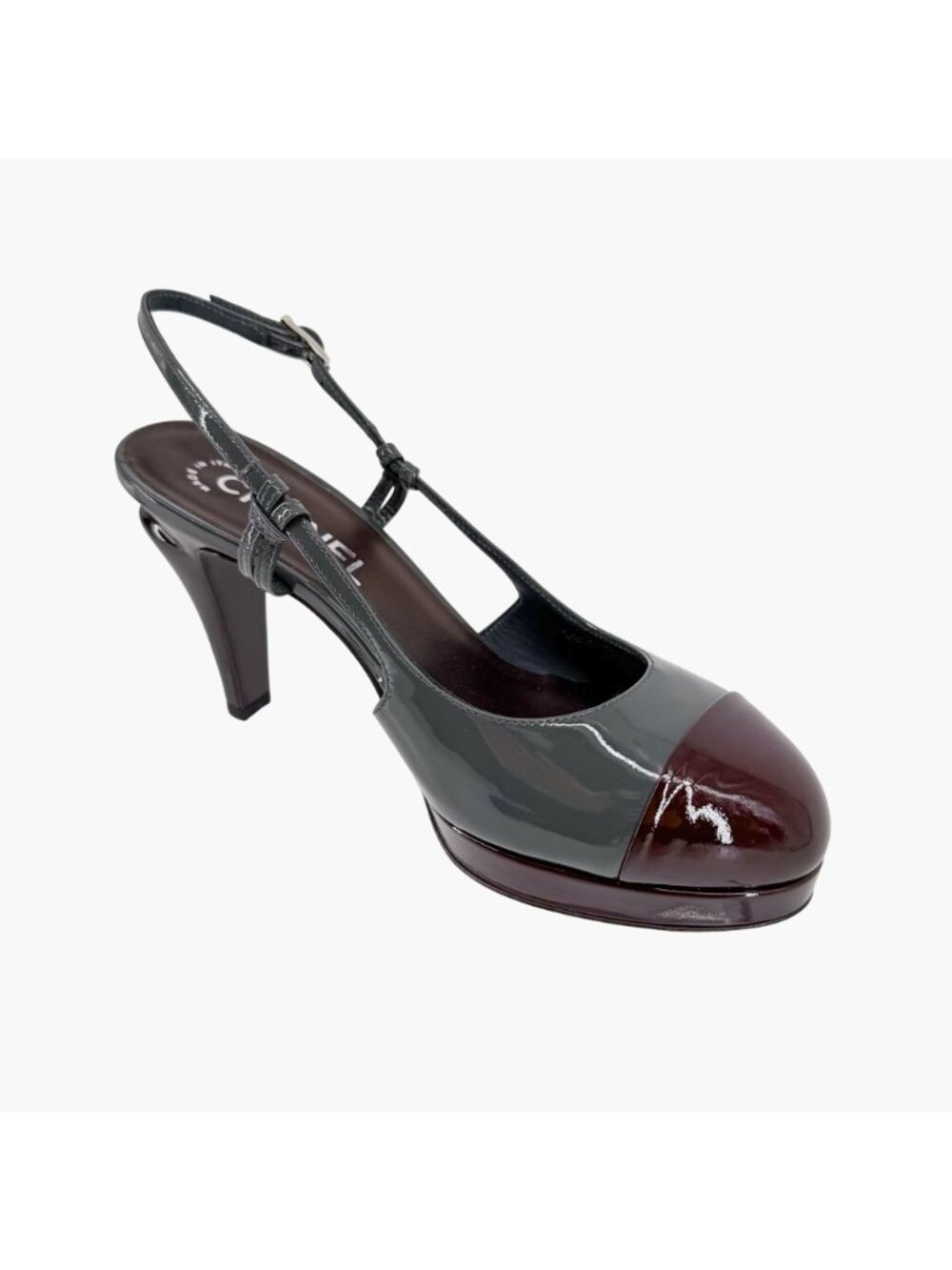Chanel Gray Burgundy Patent Cap Toe Slingback Platform Pumps Size 37.5 US 6.5–7 - Picture 11 of 15